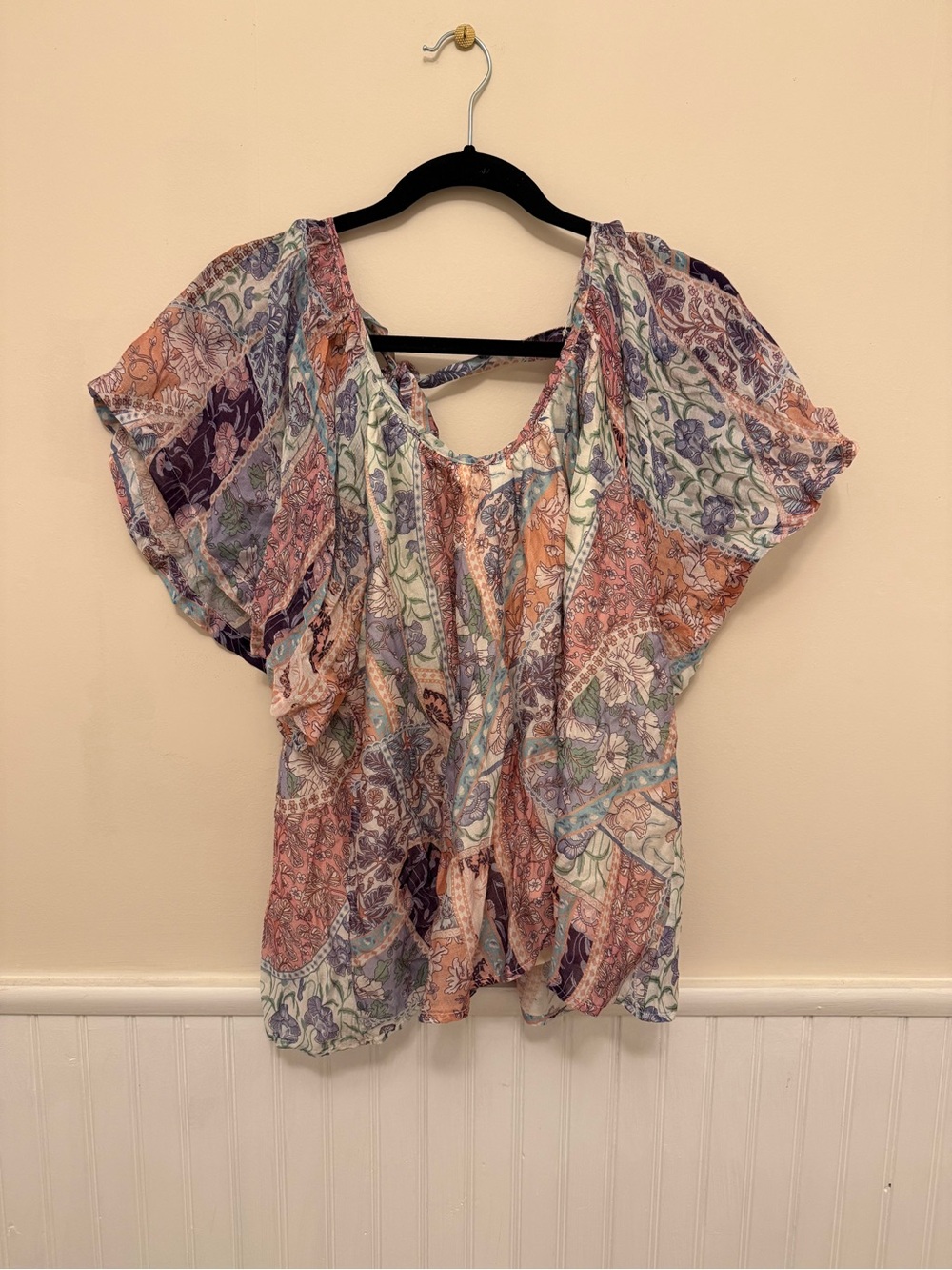 Boho Patchwork Floral Flutter Sleeve Top